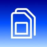 Icono de dos tarjetas SIM superpuestas, representando la función Dual SIM, sobre un fondo azul degradado.