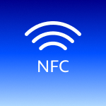 Logo de NFC sobre fondo azul, relacionado con NFC MOVIL, simbolizando la tecnología de comunicación inalámbrica.